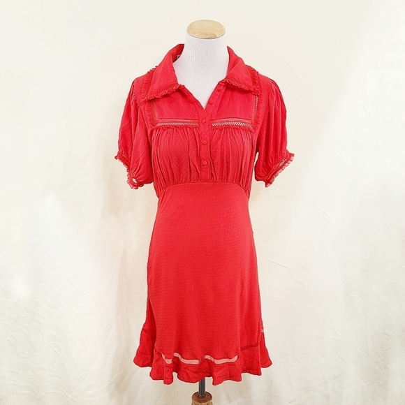 Free People Warm Glow mini dress red puff sleeve western size small NEW NWT - Picture 2 of 8